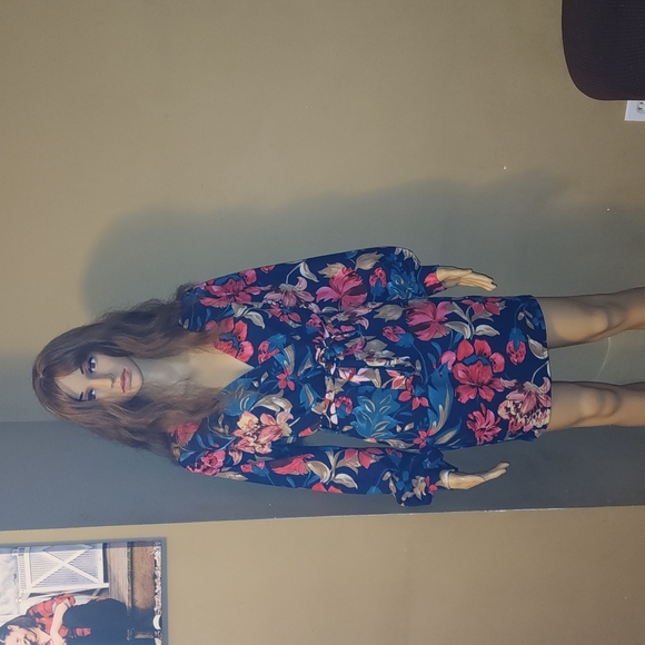Floral Print, Self-Tie Sash, Mini Dress, Small, Navy - Picture 2 of 8